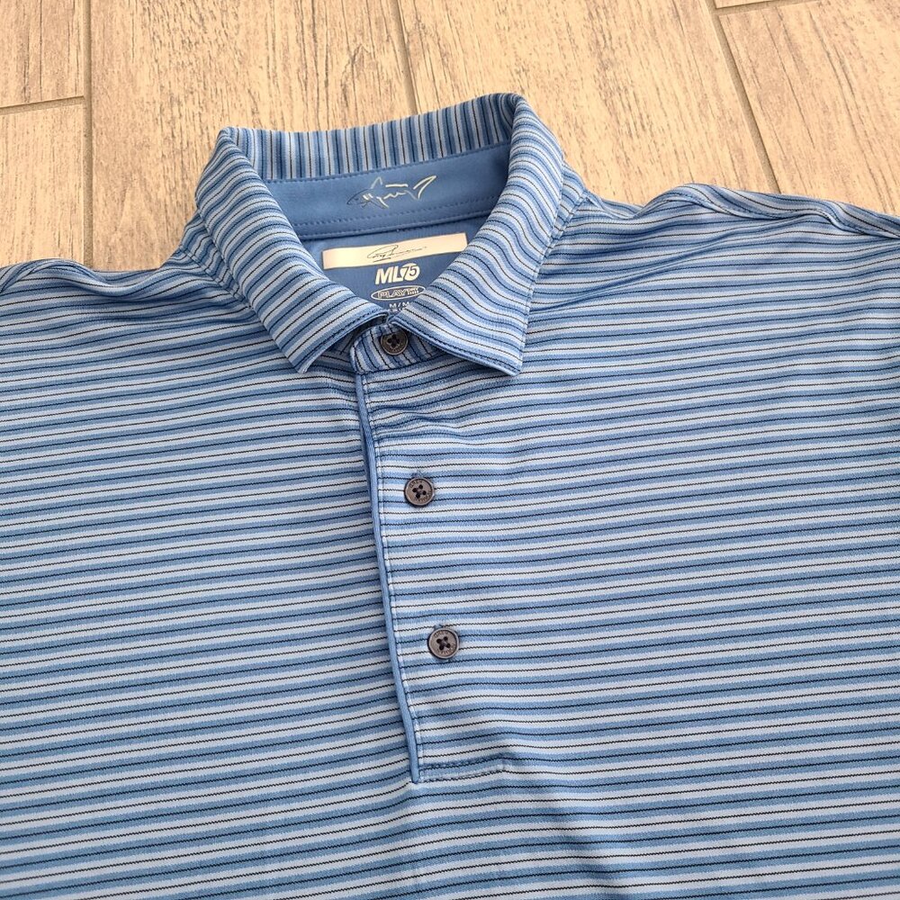 Greg Norman ML75 play dry men's blue striped short sleeve collared golf shirt M - Picture 3 of 9